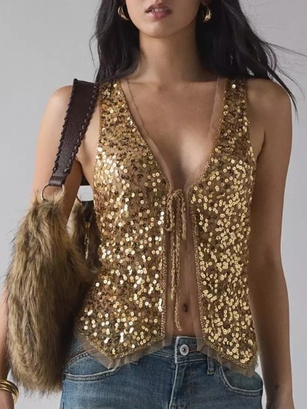 Kimchi Blue Gold Sequin Tie-Front Vest Top - Picture 4 of 5